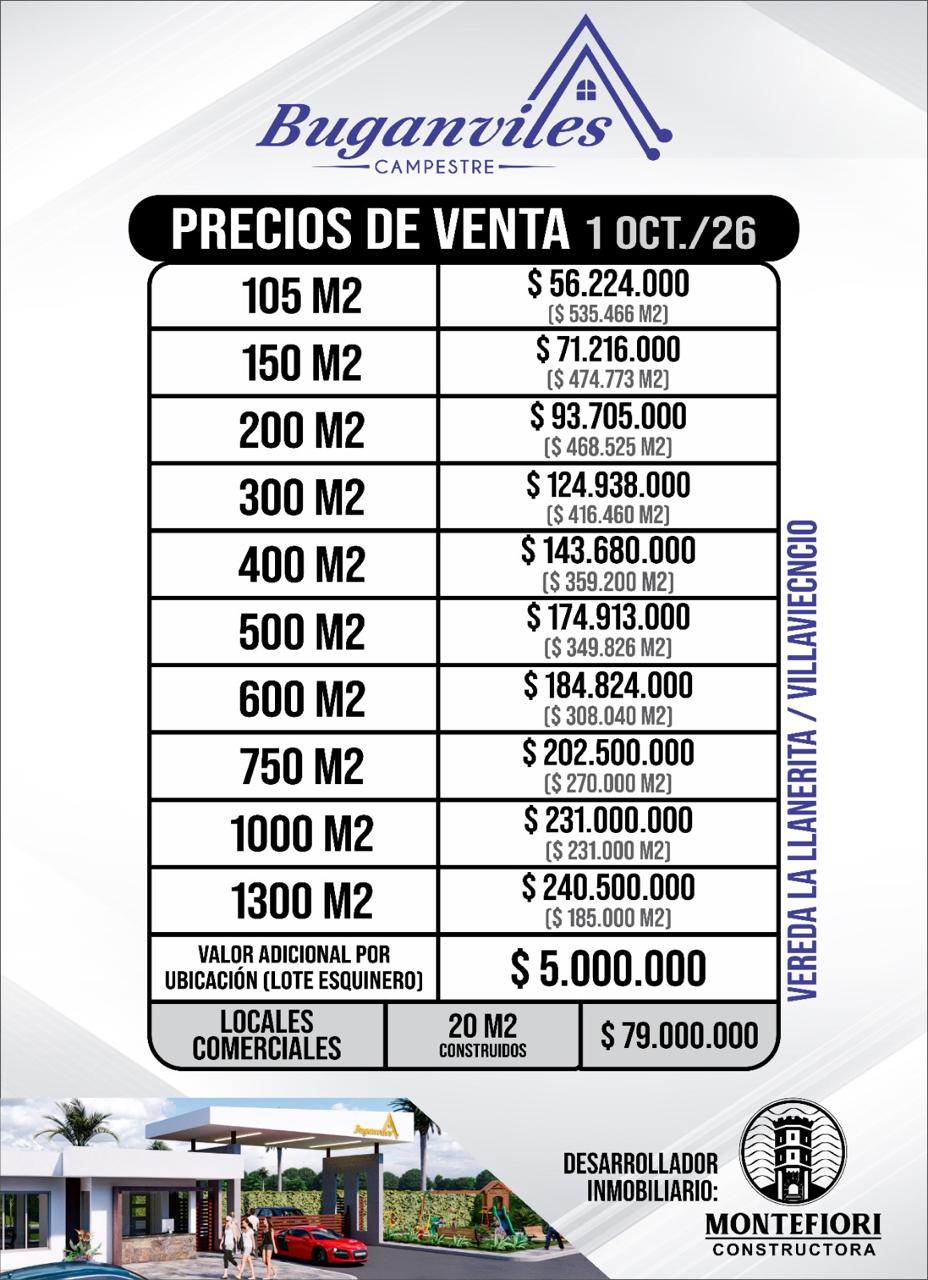 Precios de venta Buganviles Campestre Villavicencio octubre 2026
