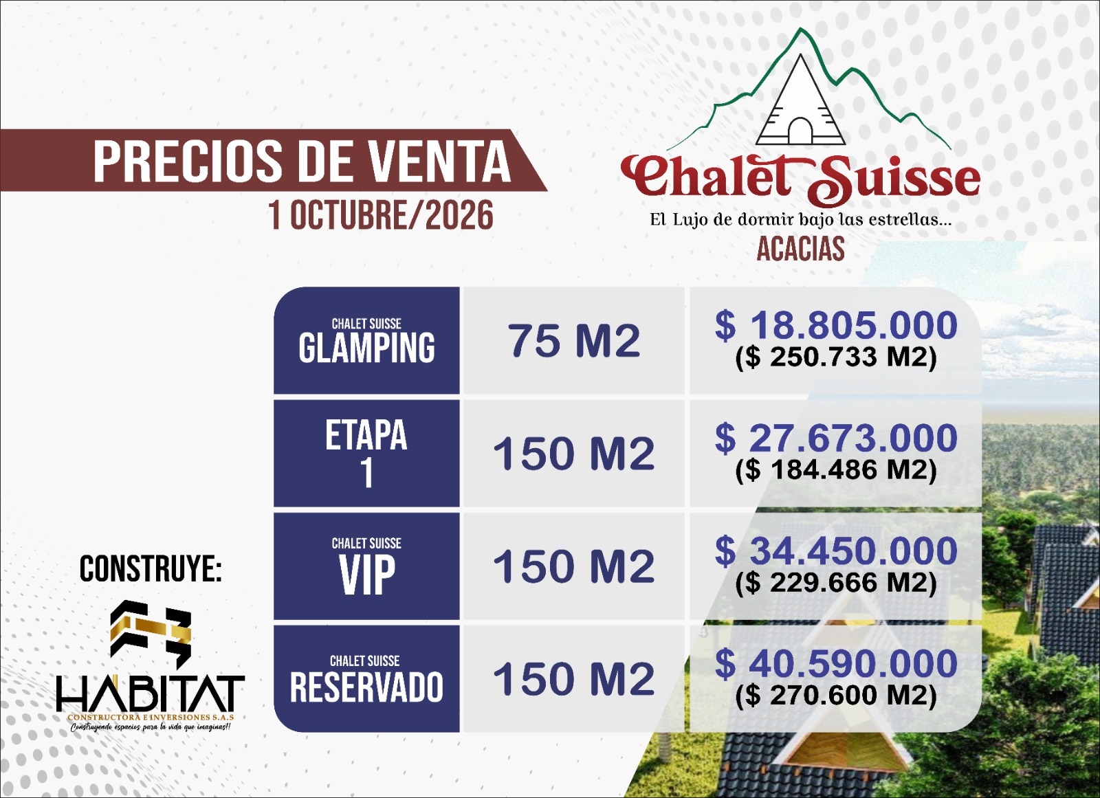 Precios de venta Chalet Suisse Acacías octubre 2026