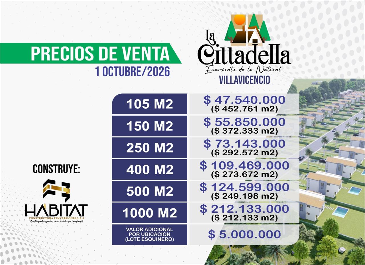 Precios de venta La Cittadella Villavicencio octubre 2026