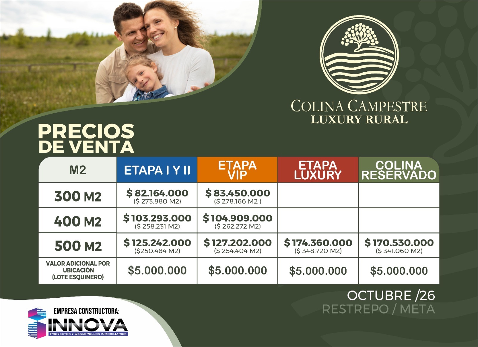 Precios de venta Colina Campestre Restrepo octubre 2026